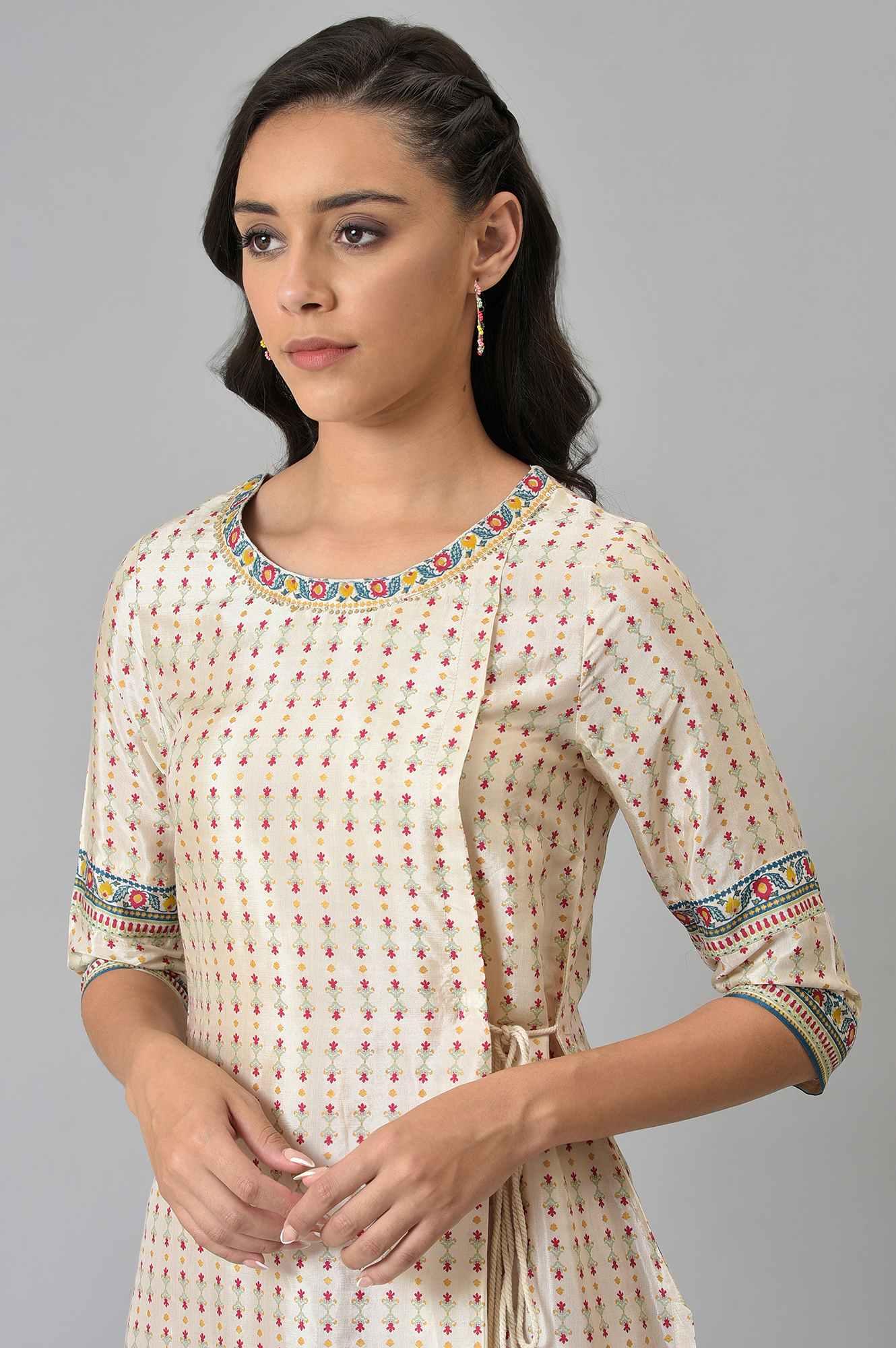 Ecru Floral Printed Sequined kurta - wforwoman
