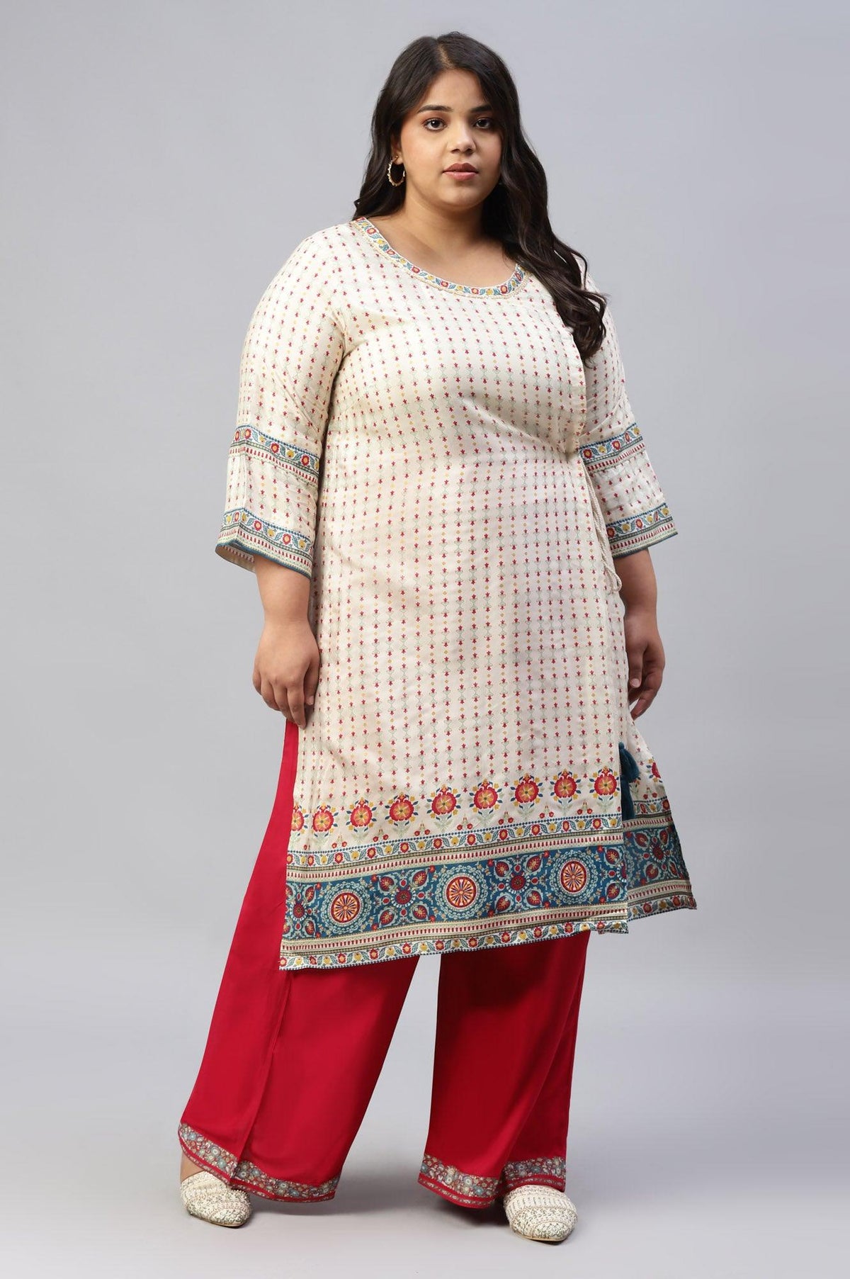 Ecru Floral Printed Sequined Plus Size kurta - 20