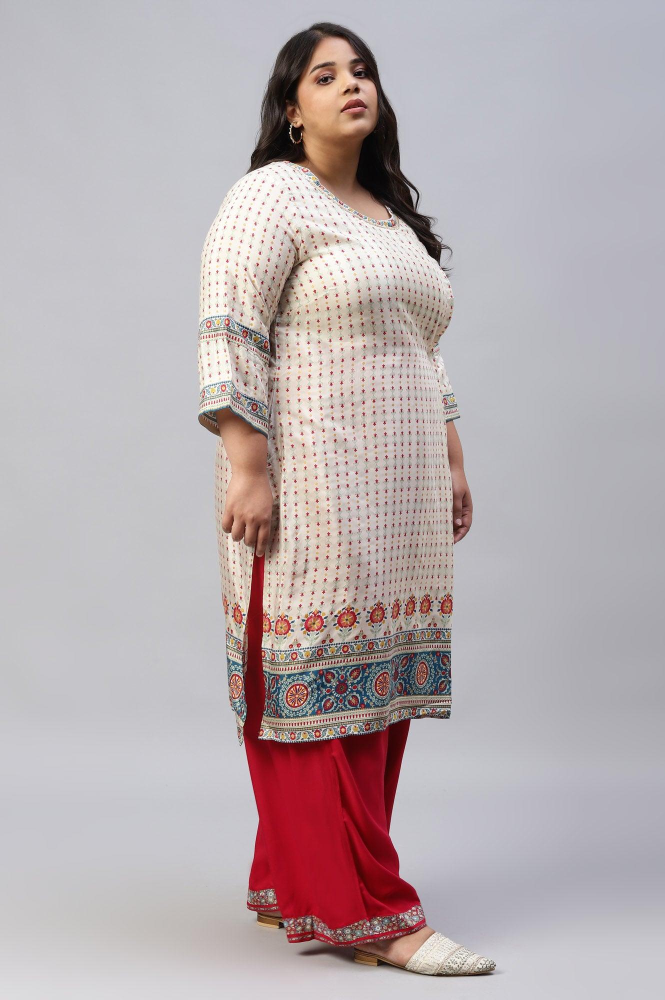 Ecru Floral Printed Sequined Plus Size kurta - wforwoman