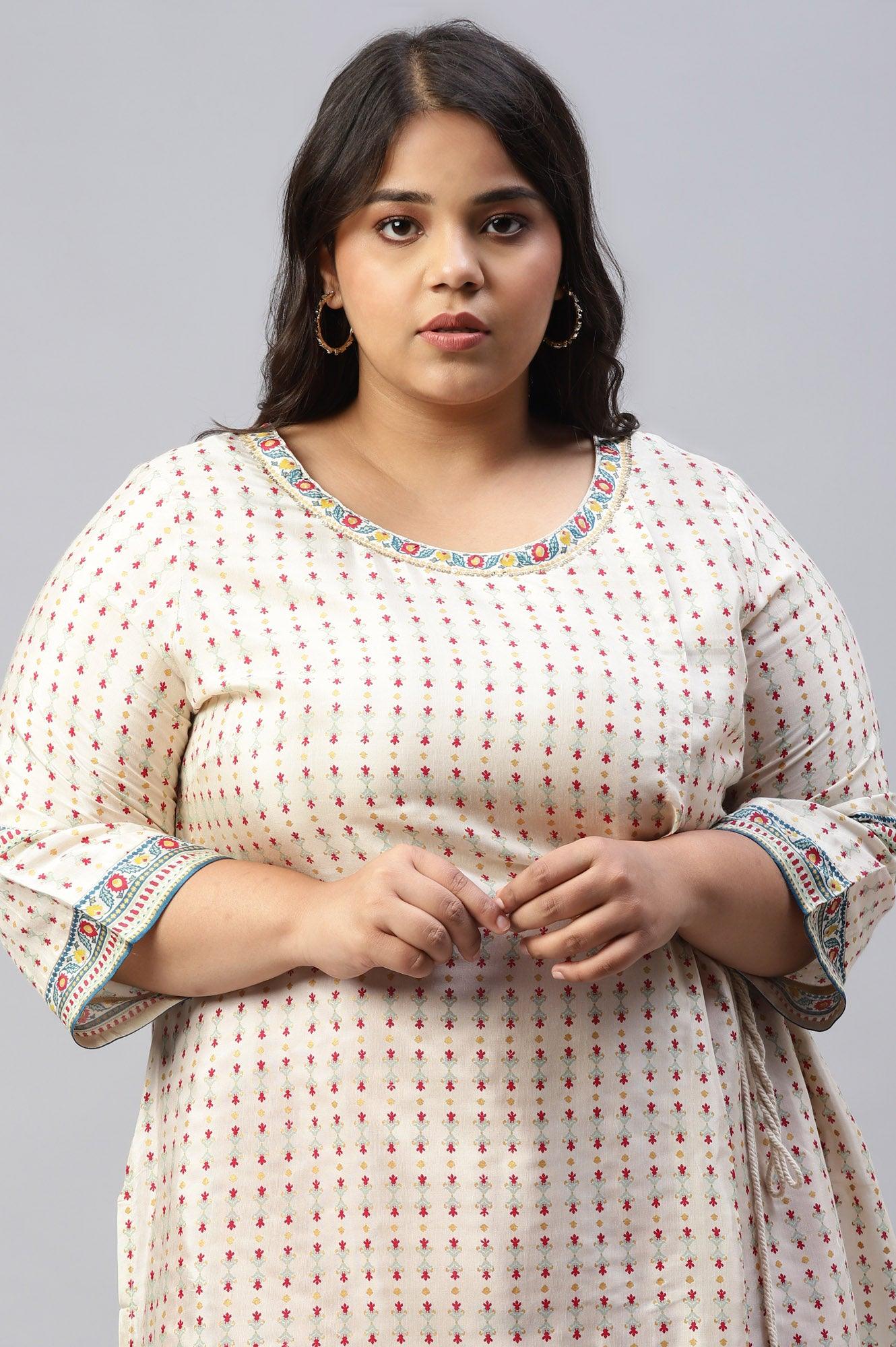 Ecru Floral Printed Sequined Plus Size kurta - wforwoman
