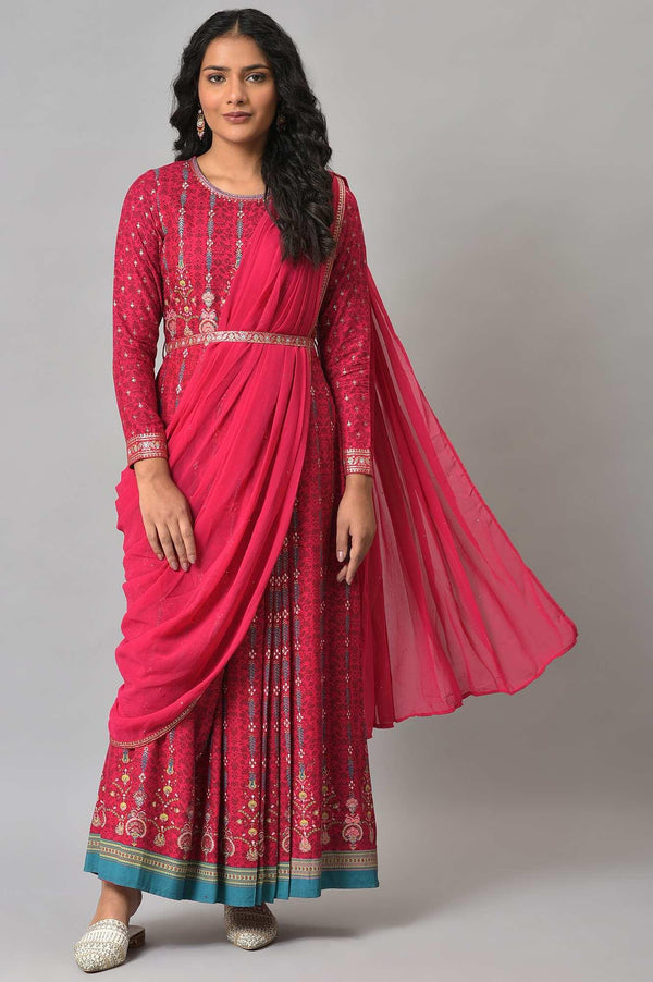 Dark Pink Glitter Printed Pre-drape Saree Dress