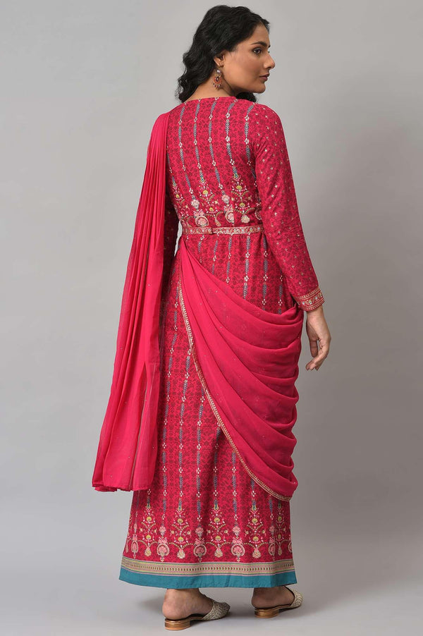 Dark Pink Glitter Printed Pre-drape Saree Dress
