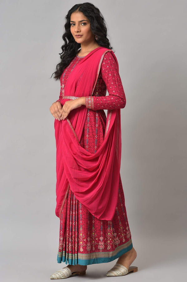 Dark Pink Glitter Printed Pre-drape Saree Dress