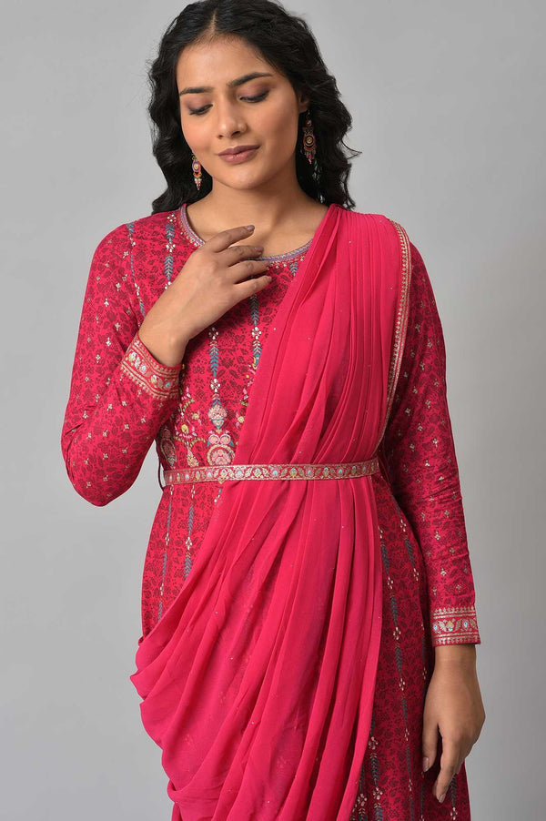 Dark Pink Glitter Printed Pre-drape Saree Dress