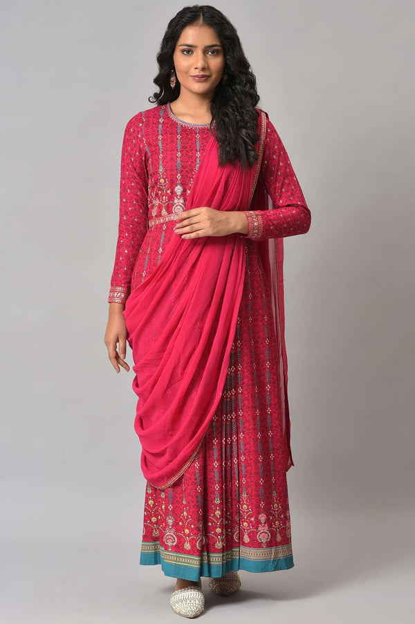 Dark Pink Glitter Printed Pre-drape Saree Dress