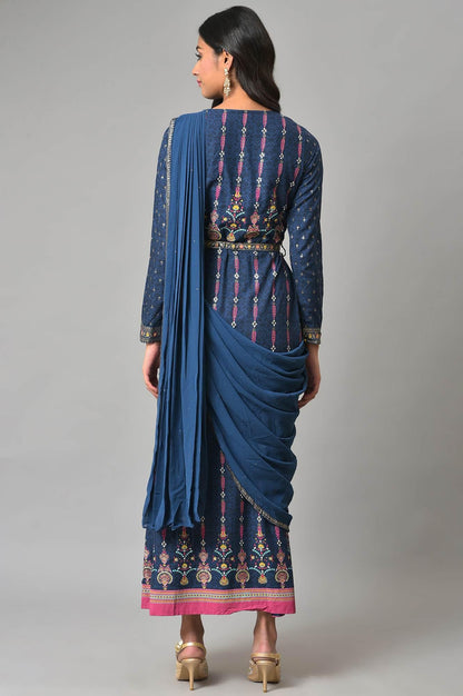 Dark Blue Glitter Printed Insta Saree Dress - wforwoman