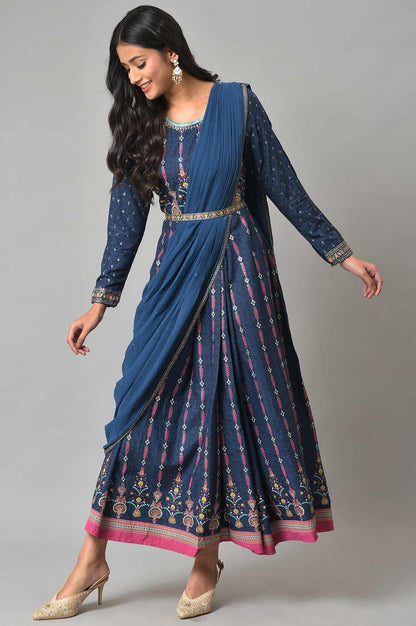 Dark Blue Glitter Printed Insta Saree Dress - wforwoman