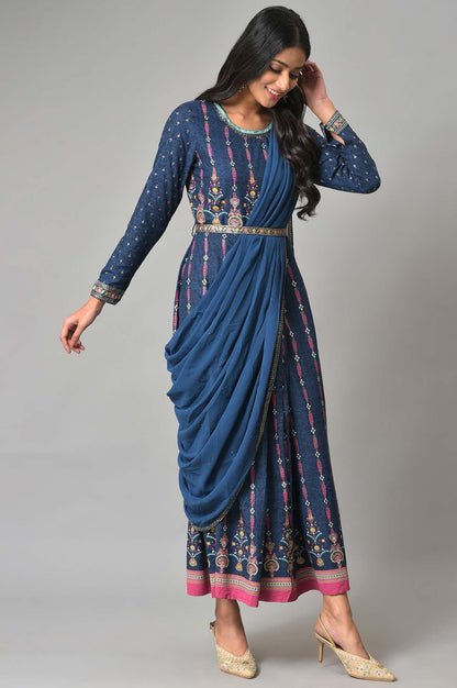 Dark Blue Glitter Printed Insta Saree Dress - wforwoman