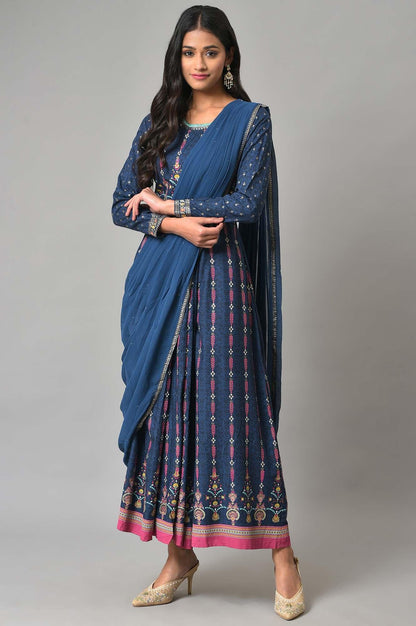 Dark Blue Glitter Printed Insta Saree Dress - wforwoman