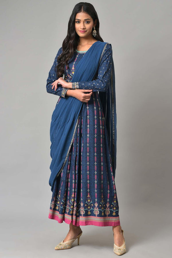 Dark Blue Glitter Printed Insta Saree Dress