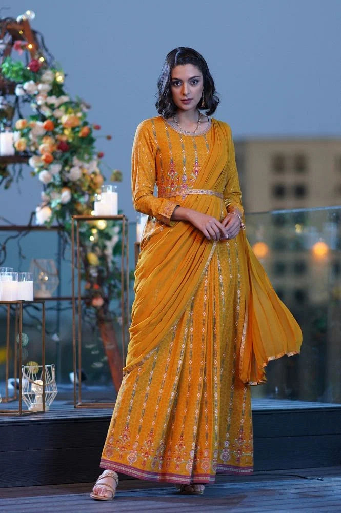 Buy Yellow Glitter Printed Festive Pre-drape Saree Dress with Belt Online for Woman | WforWoman Buy Yellow Glitter Printed Festive Pre-drape Saree Dress with Belt Online for Woman | WforWoman