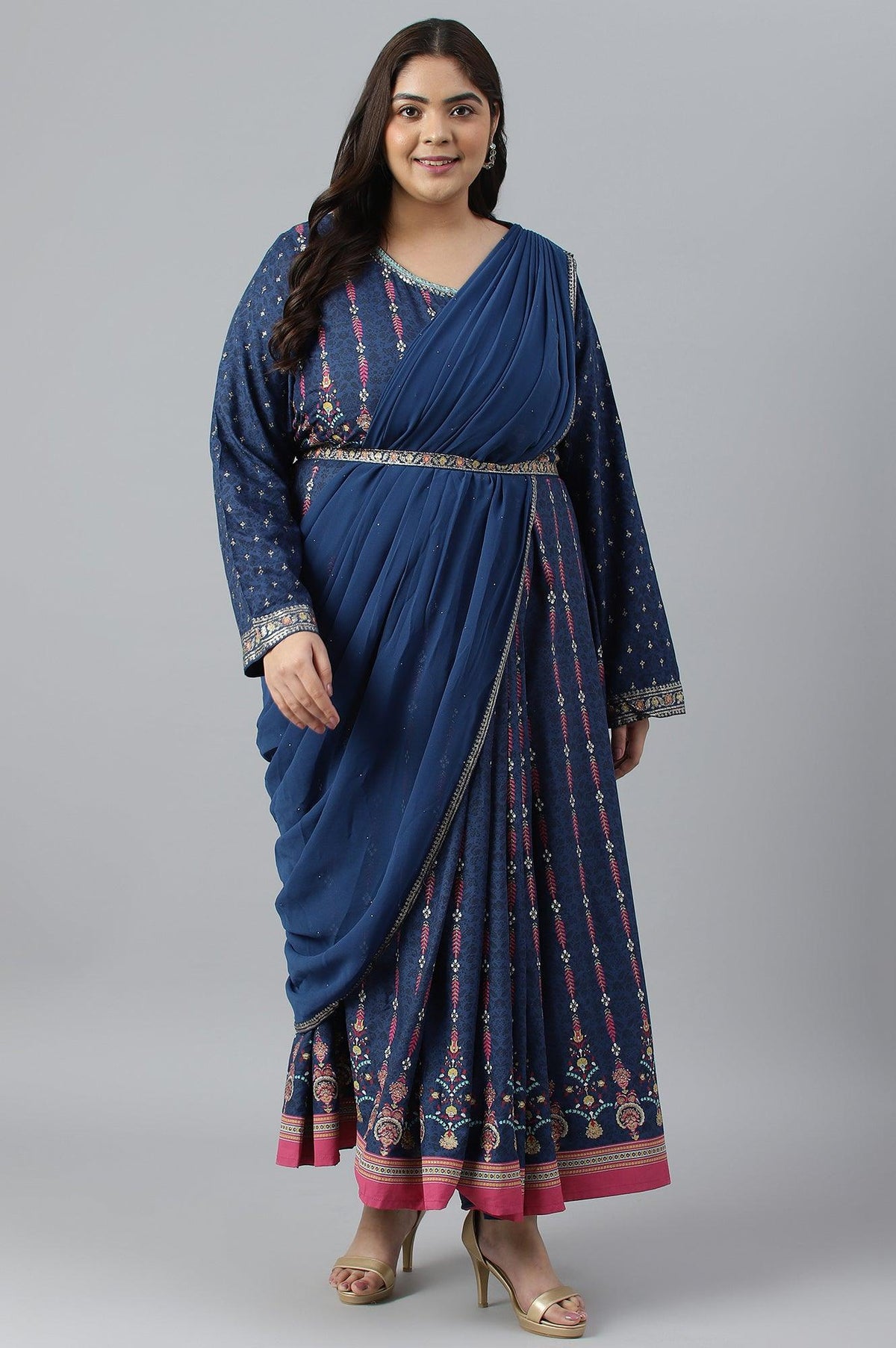 Dark Blue Glitter Printed Festive Plus Size Insta Saree Dress - XS