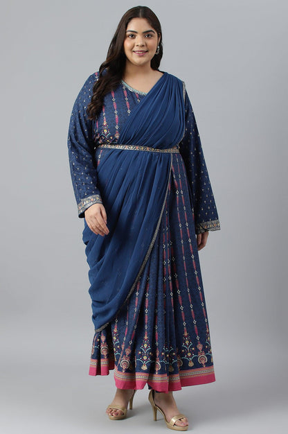 Dark Blue Glitter Printed Festive Plus Size Insta Saree Dress - wforwoman