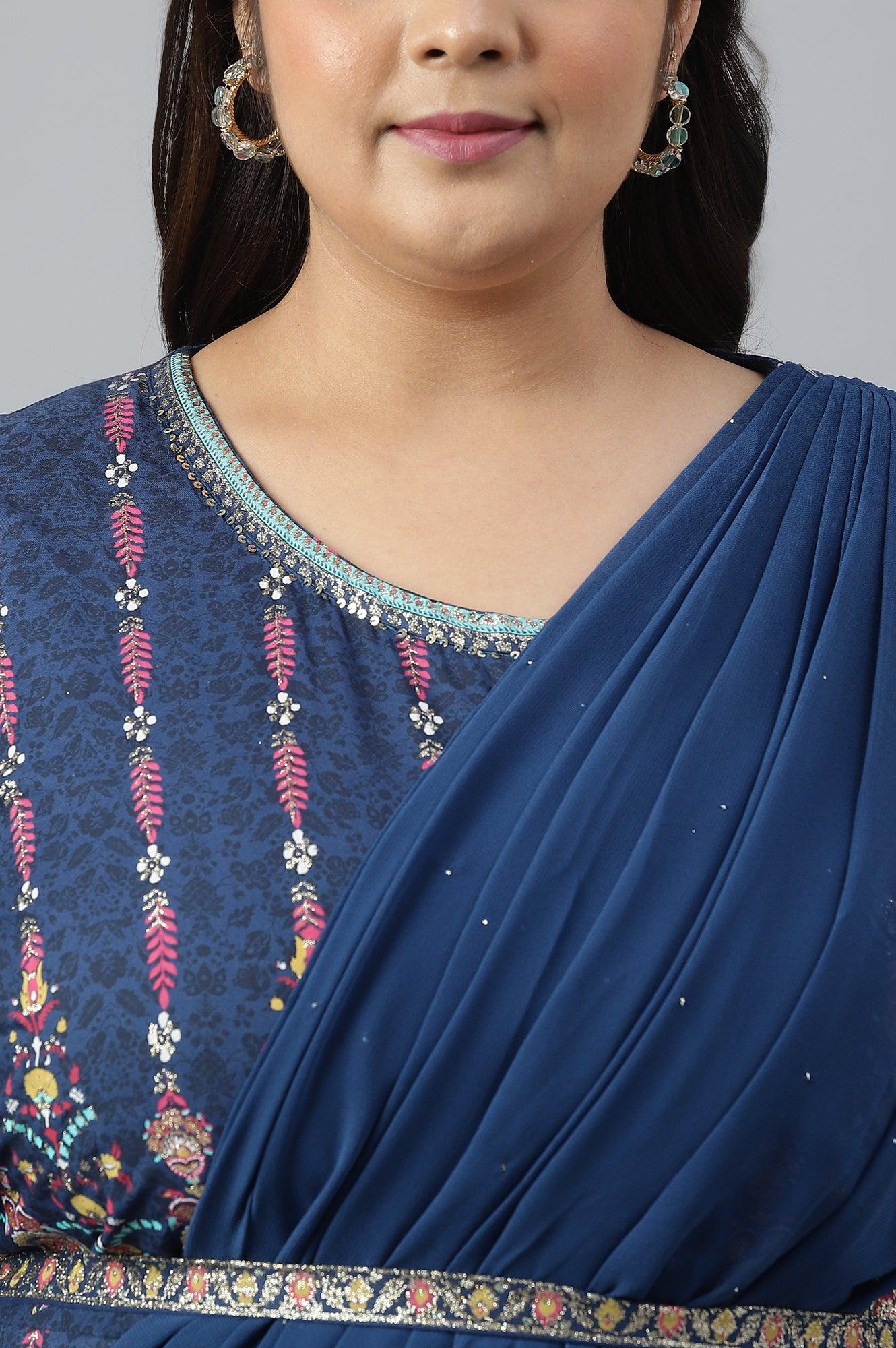 Dark Blue Glitter Printed Festive Plus Size Insta Saree Dress - wforwoman