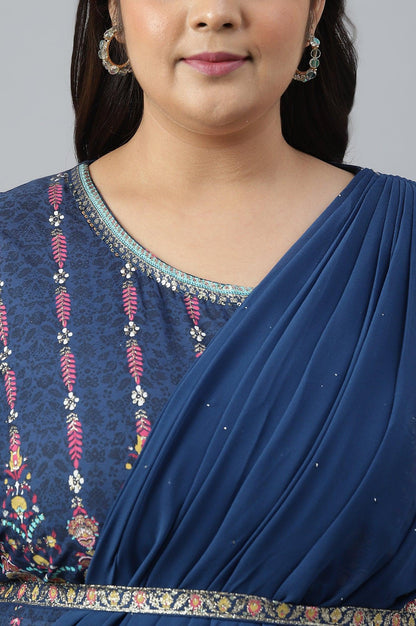Dark Blue Glitter Printed Festive Plus Size Insta Saree Dress - wforwoman