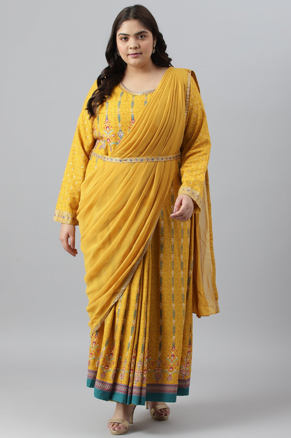Yellow Glitter Printed Belted Georgette Saree Dress - XS