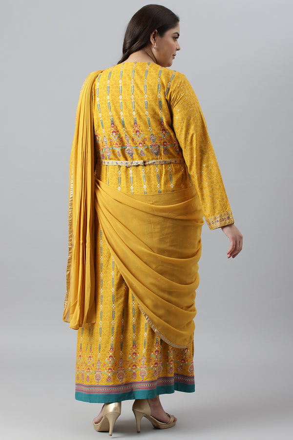 Yellow Glitter Printed Belted Georgette Saree Dress