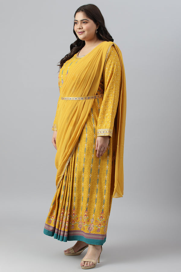 Yellow Glitter Printed Belted Georgette Saree Dress