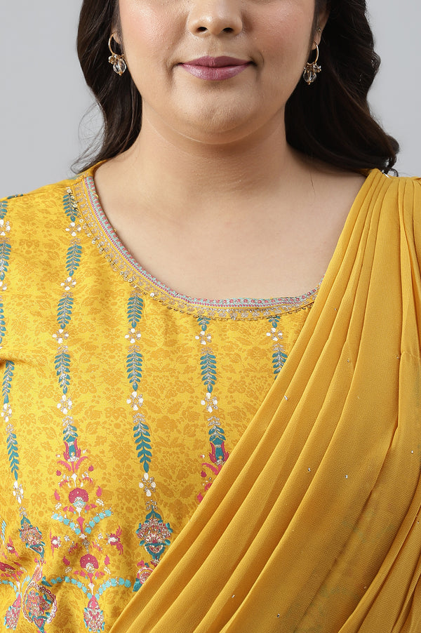Yellow Glitter Printed Belted Georgette Saree Dress