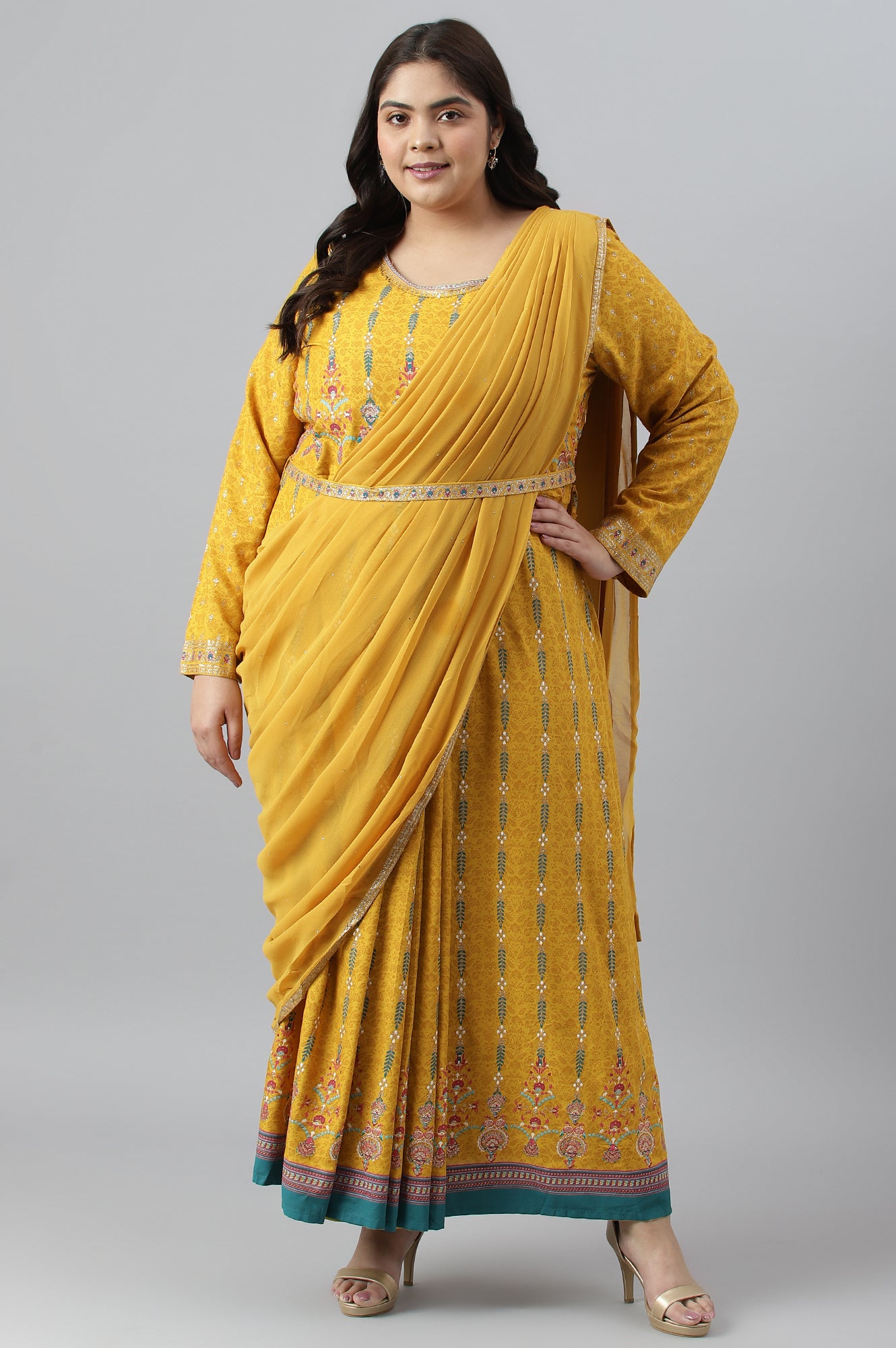 Buy Yellow Glitter Printed Belted Georgette Saree Dress Online for Woman | WforWoman Buy Yellow Glitter Printed Belted Georgette Saree Dress Online for Woman | WforWoman