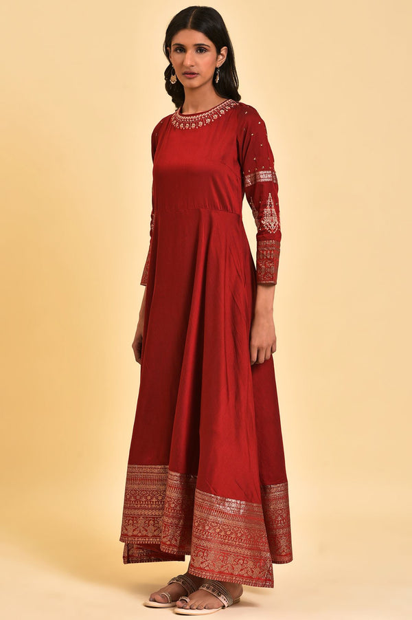 Maroon Embroidered Ethnic Straight Kurta