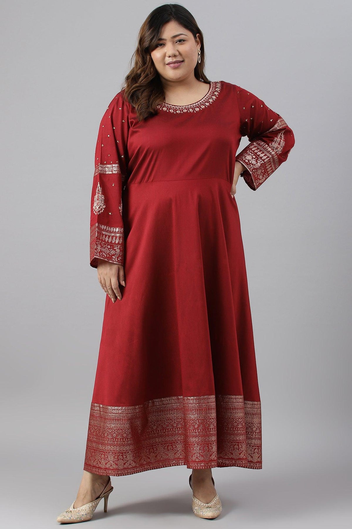 Maroon Festive Plus Size Gown With Embroidery On Neck And Sleeves - XS