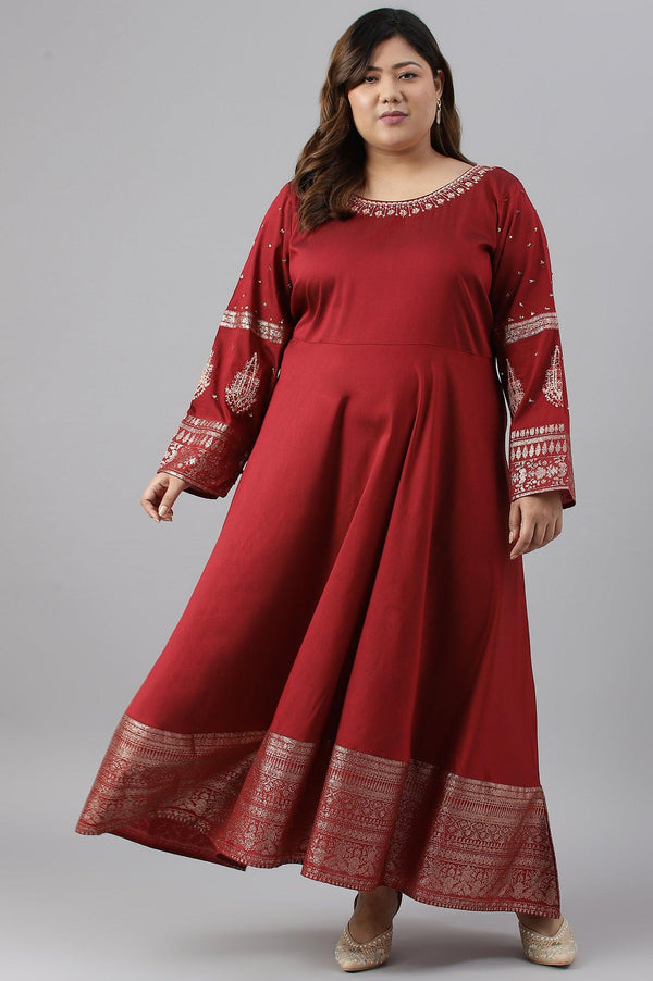 Maroon Festive Plus Size Gown With Embroidery On Neck And Sleeves
