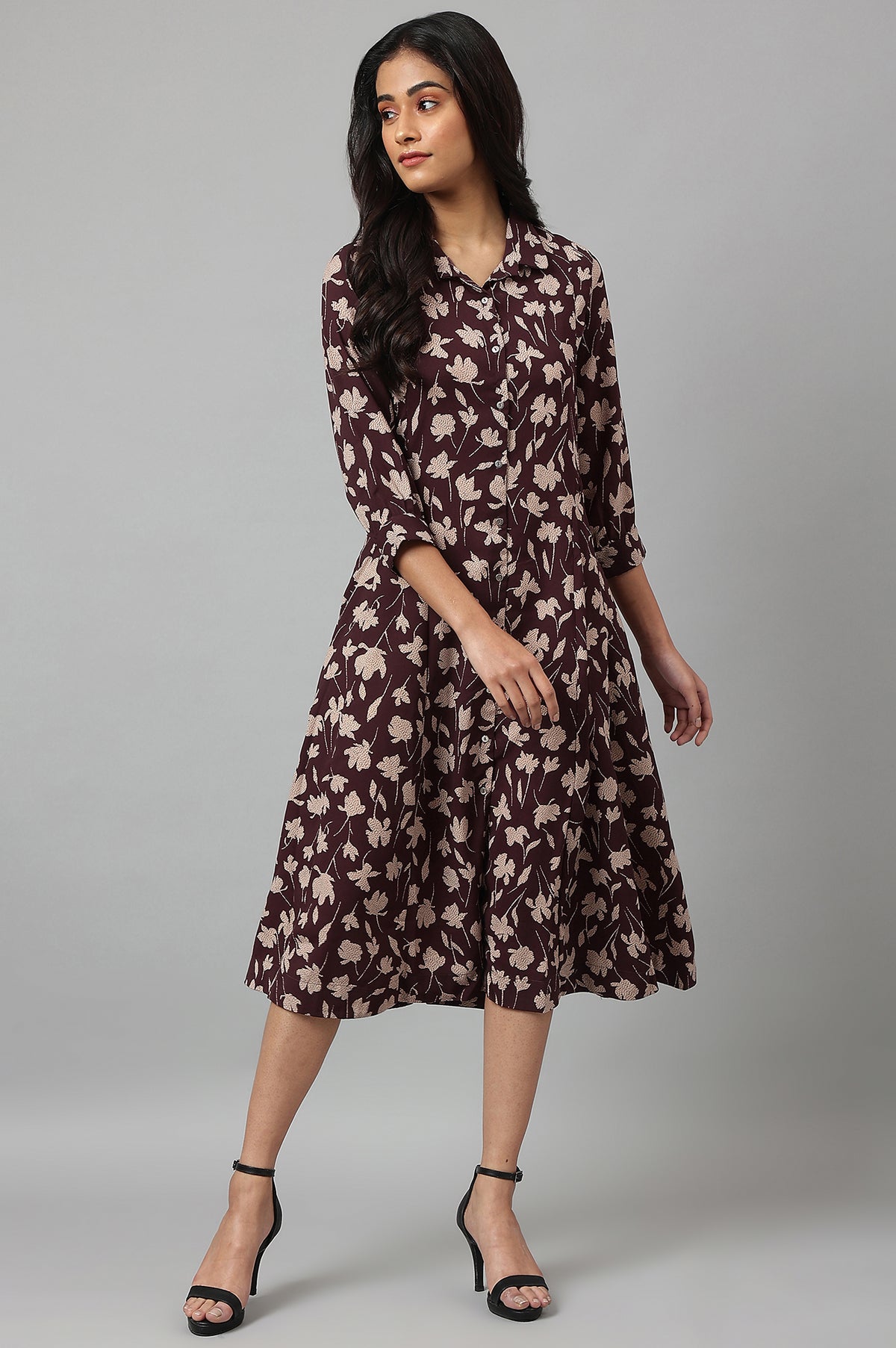 Burgundy Floral Printed Long Shirt Dress - XS