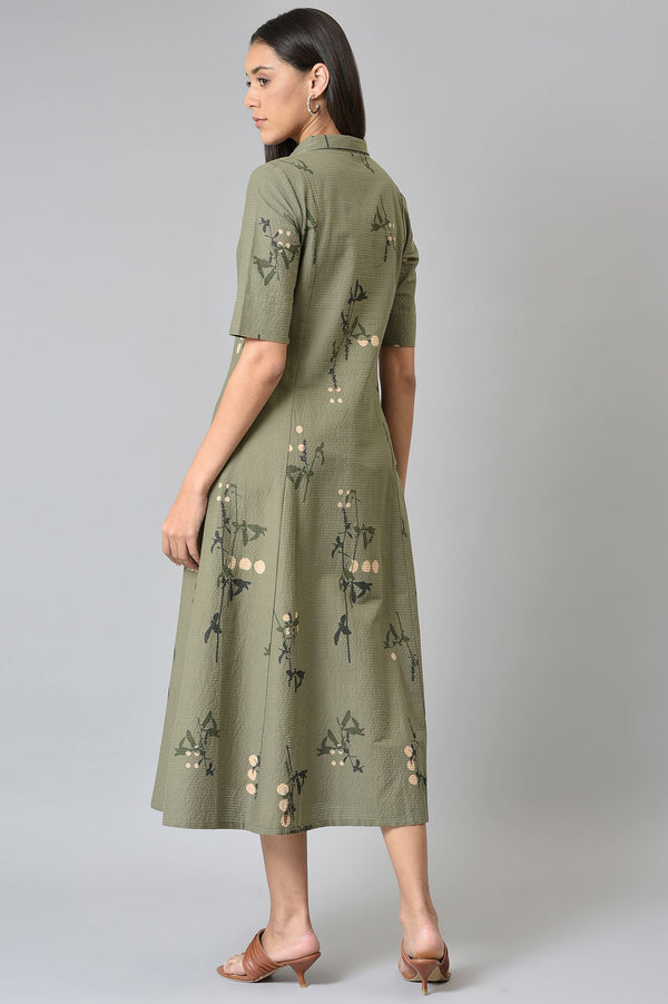 Olive Green Textured Cotton Long Dress
