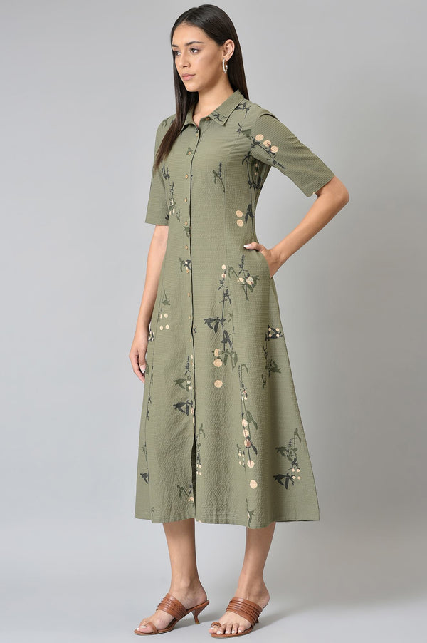 Olive Green Textured Cotton Long Dress