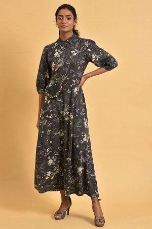 Black Floral Printed Shirt Dress With Floral Embroidery - XS