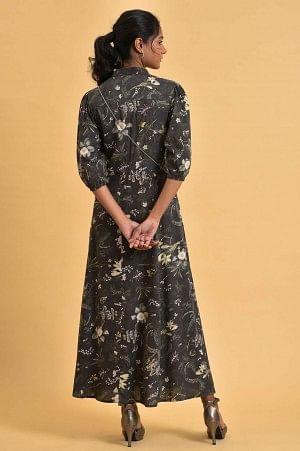 Black Floral Printed Shirt Dress With Floral Embroidery - wforwoman