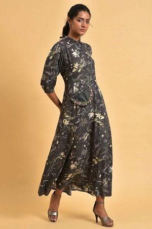 Black Floral Printed Shirt Dress With Floral Embroidery - wforwoman