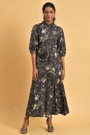 Black Floral Printed Shirt Dress With Floral Embroidery - wforwoman