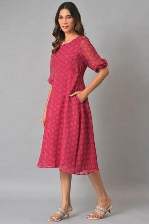 Pink Printed Georgette Western Dress - wforwoman