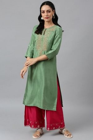 Green Embroidered Yoke kurta with Pink Parallel Pants - 6