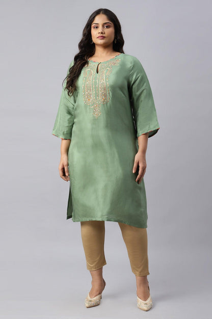 Green Straight Plus Size kurta With Embroidered Yoke - wforwoman