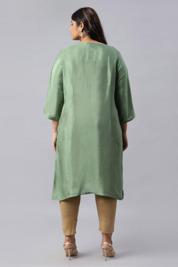 Green Straight Plus Size kurta With Embroidered Yoke