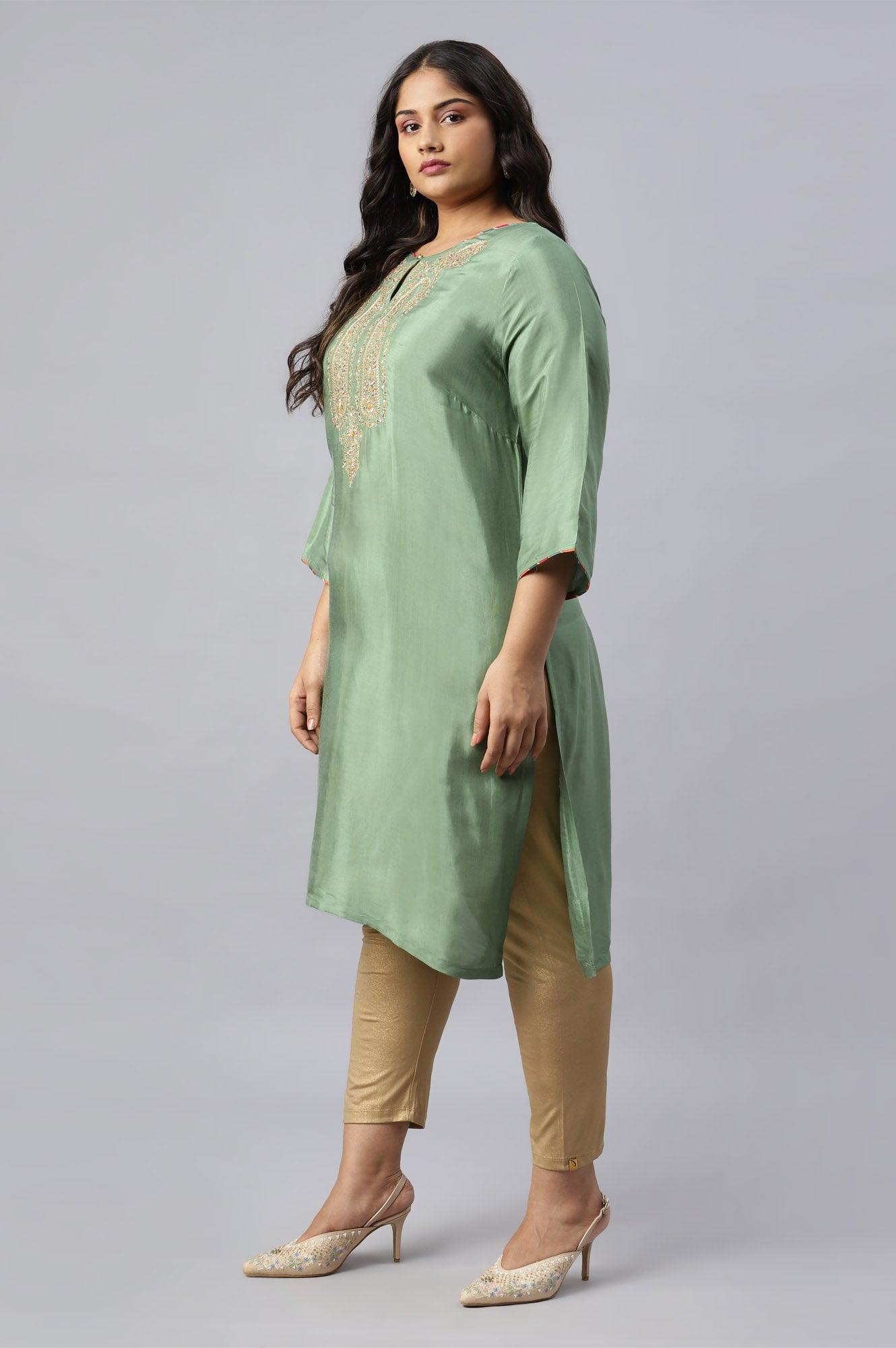 Green Straight Plus Size kurta With Embroidered Yoke - wforwoman