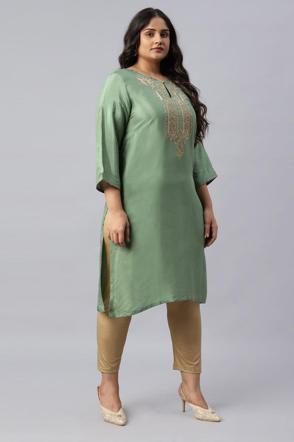 Green Straight Plus Size kurta With Embroidered Yoke