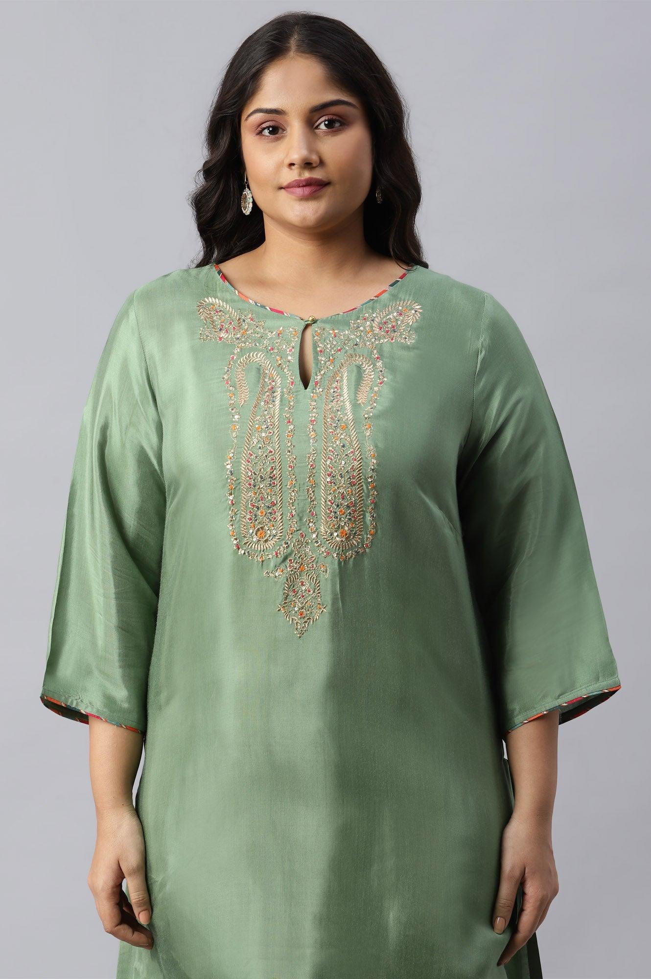 Green Straight Plus Size kurta With Embroidered Yoke - wforwoman