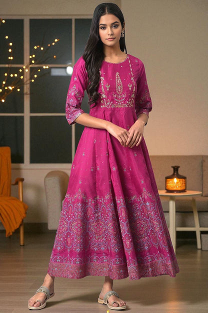 Purple Floral Printed Shantung Dress With Embroidery