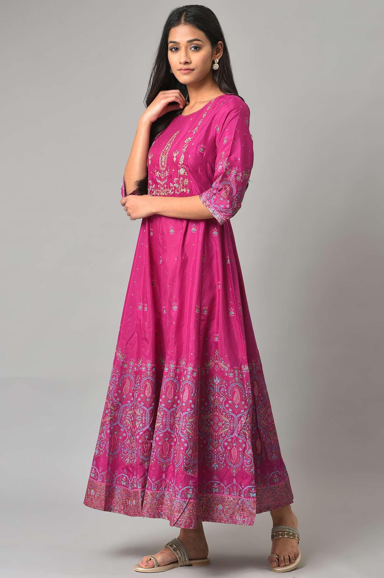 Purple Floral Printed Shantung Dress With Embroidery - wforwoman