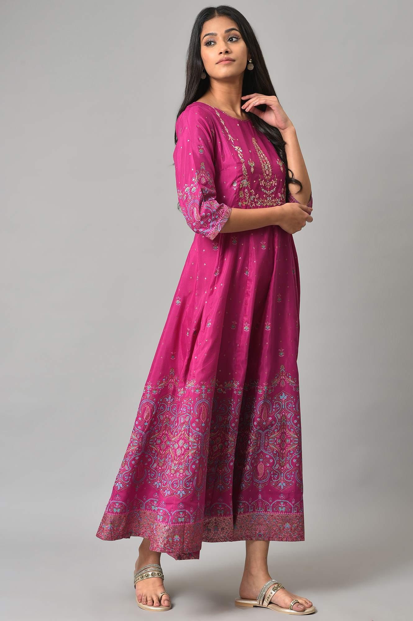 Purple Floral Printed Shantung Dress With Embroidery - wforwoman