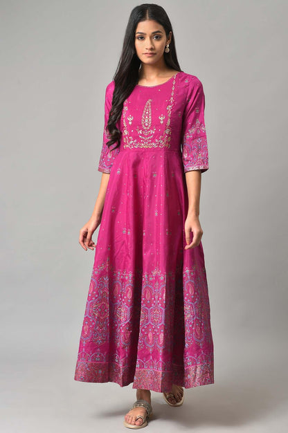 Purple Floral Printed Shantung Dress With Embroidery - wforwoman