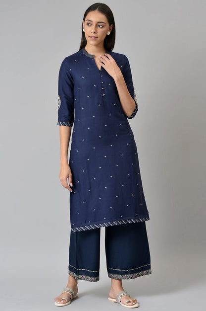Blue Metallic Embroidered Button Down kurta - wforwoman