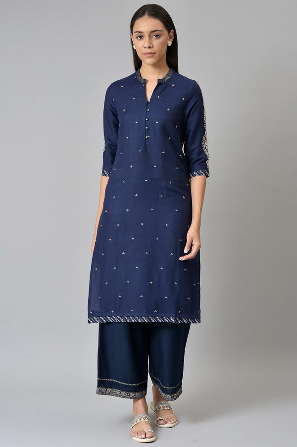 Blue Metallic Embroidered Button Down kurta