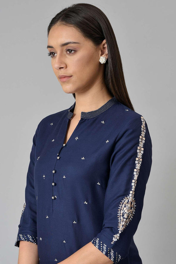 Blue Metallic Embroidered Button Down kurta