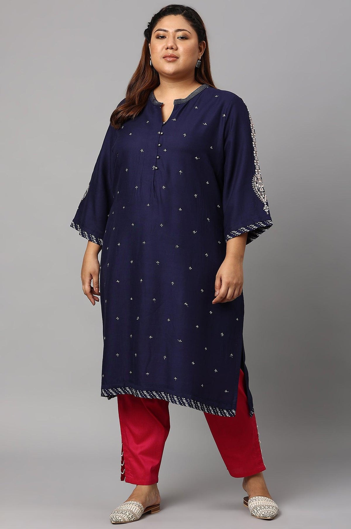 Blue Metallic Embroidered Button Down Plus Size kurta - 20