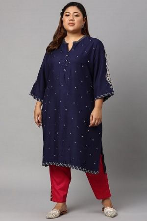 Blue Metallic Embroidered Button Down Plus Size kurta with Dark Pink Slim Pants - 20